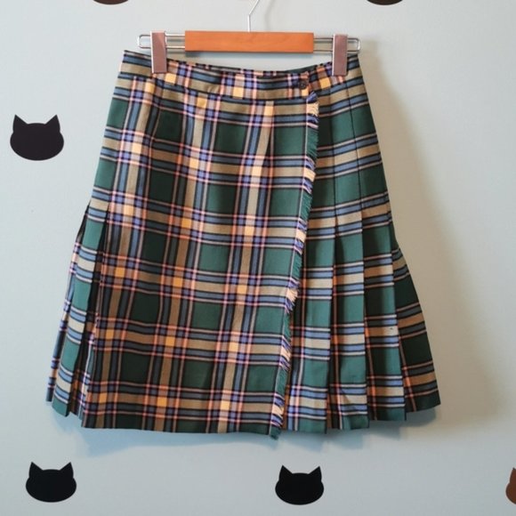 Vintage 80s Wool Kilt Dark Academia Green Yellow Small - Picture 1 of 7